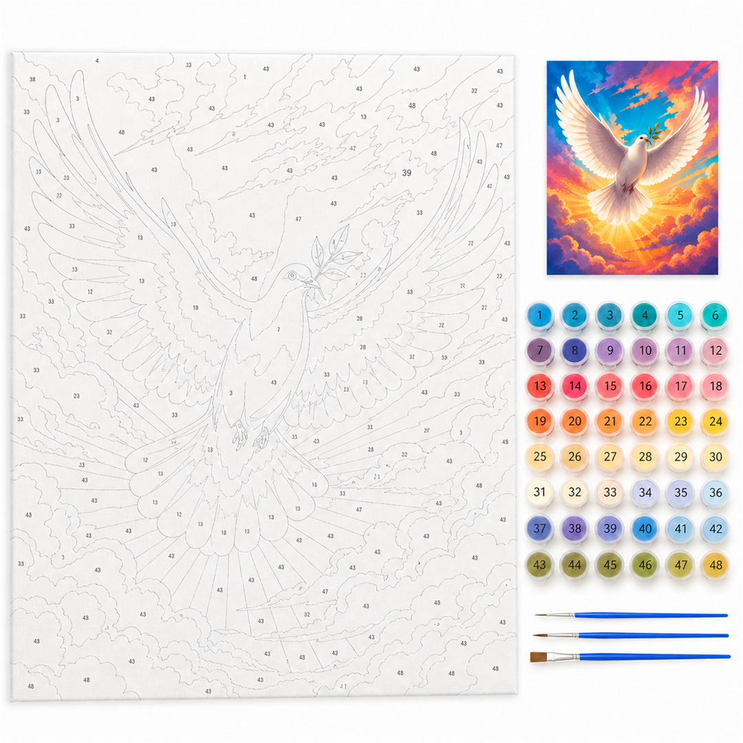 Paloma y ramo — kit con lienzo numerado, pinturas y pinceles