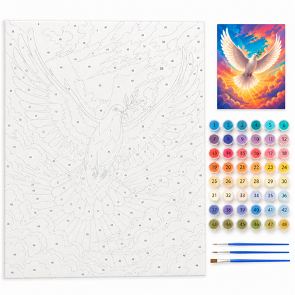 Paloma y ramo — kit con lienzo numerado, pinturas y pinceles