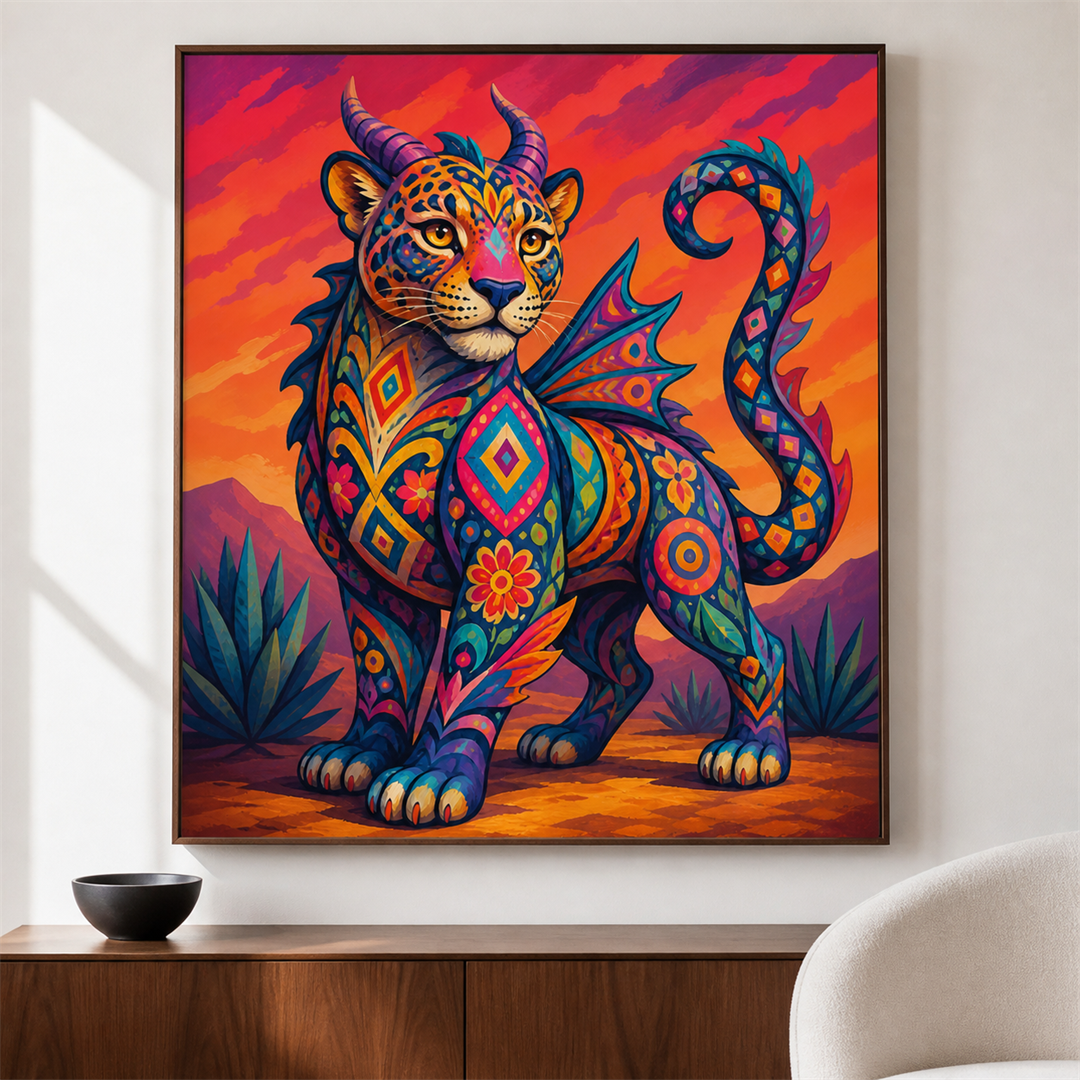 Alebrije de jaguar — el cuadro terminado colgado en la pared