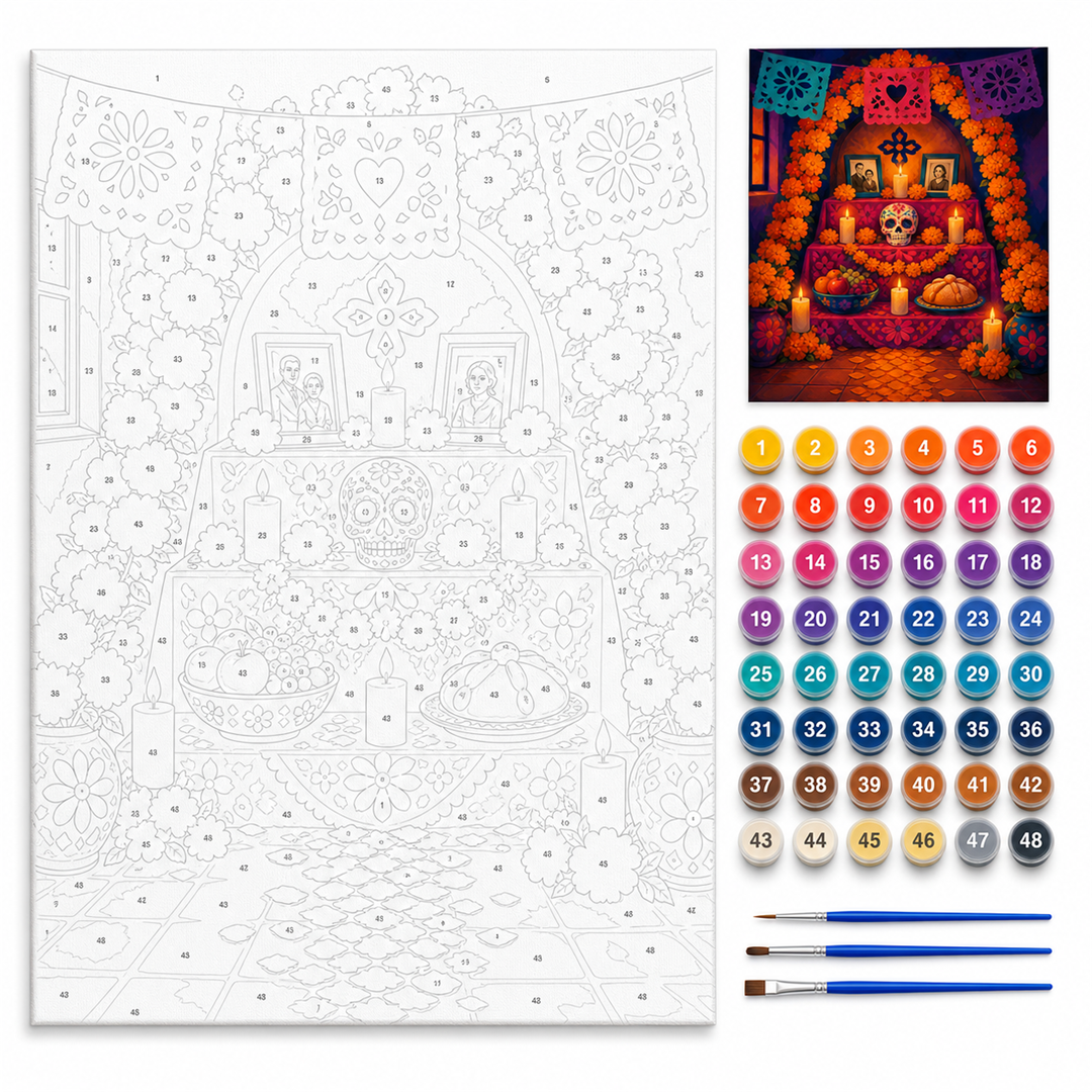 Ofrenda de Día de Muertos — kit con lienzo numerado, pinturas y pinceles