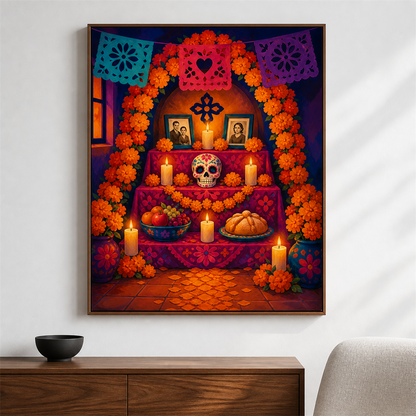 Ofrenda de Día de Muertos — el cuadro terminado colgado en la pared