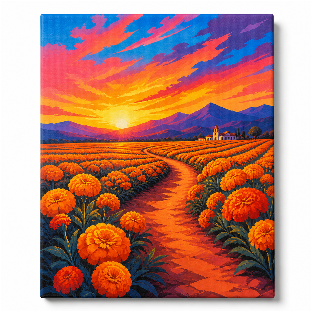 Campo de cempasúchil — lienzo terminado