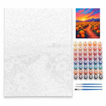 Campo de cempasúchil — kit con lienzo numerado, pinturas y pinceles