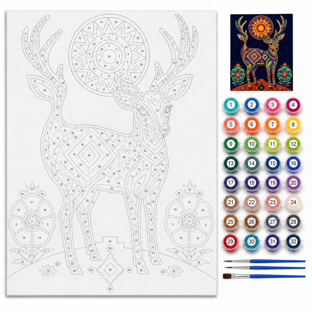 Venado huichol — kit con lienzo numerado, pinturas y pinceles