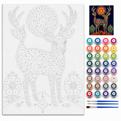 Venado huichol — kit con lienzo numerado, pinturas y pinceles