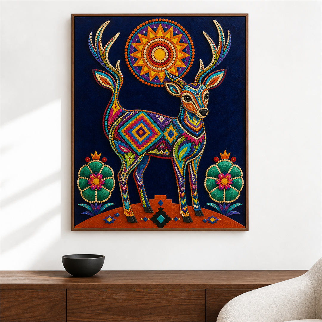 Venado huichol — el cuadro terminado colgado en la pared