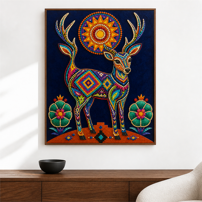 Venado huichol — el cuadro terminado colgado en la pared