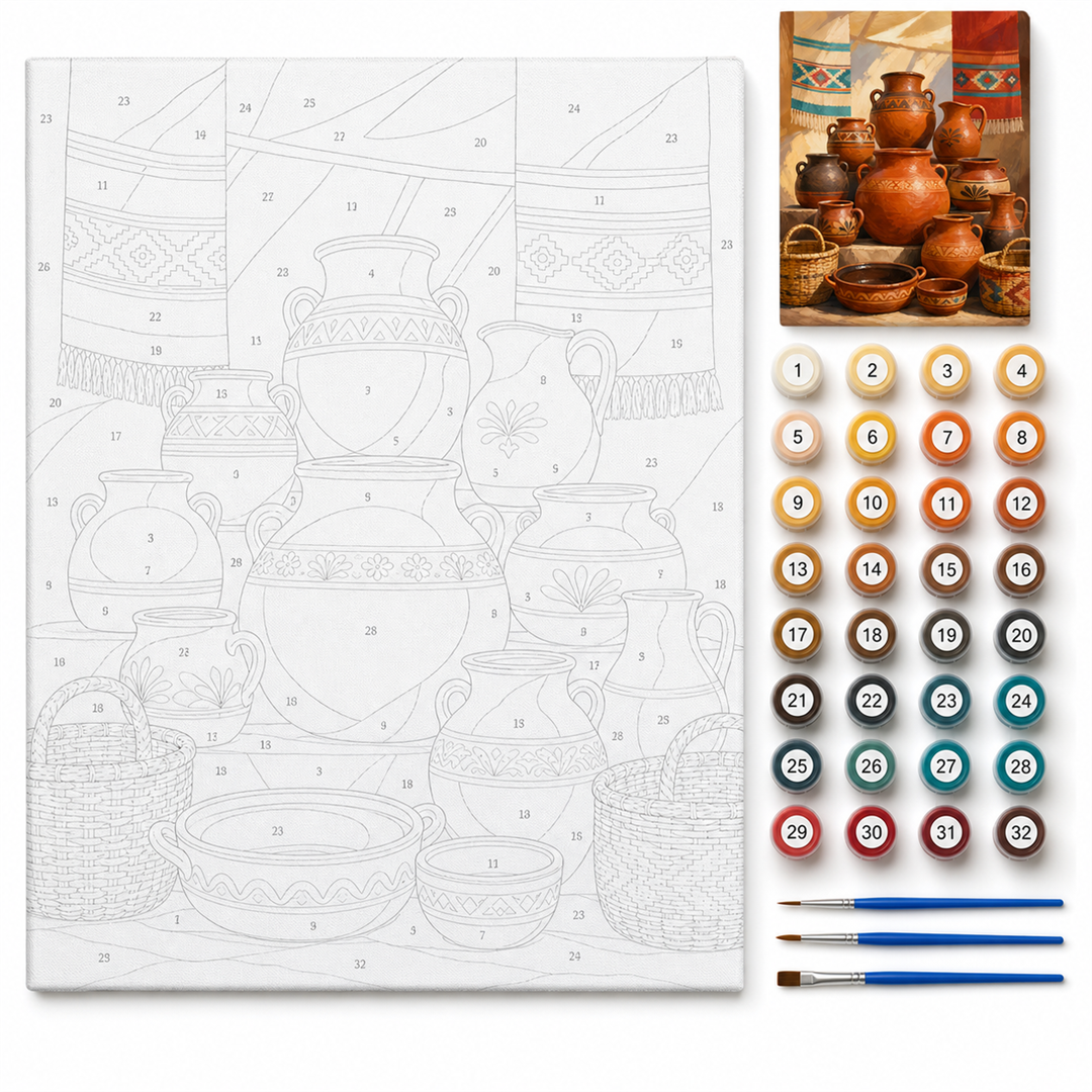 Mercado de barro — kit con lienzo numerado, pinturas y pinceles