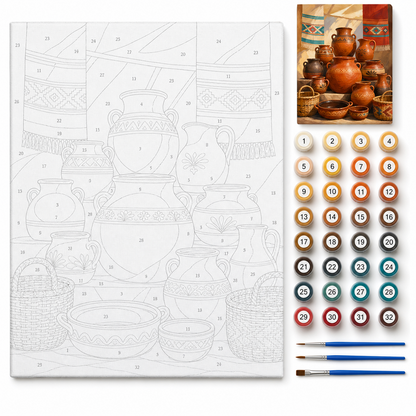 Mercado de barro — kit con lienzo numerado, pinturas y pinceles