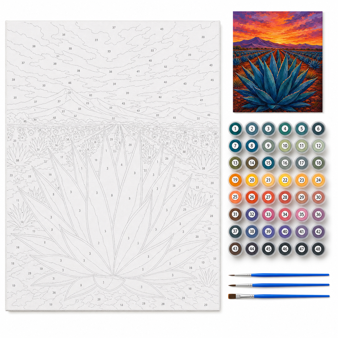 Maguey al atardecer — kit con lienzo numerado, pinturas y pinceles