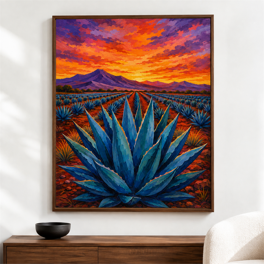 Maguey al atardecer — el cuadro terminado colgado en la pared