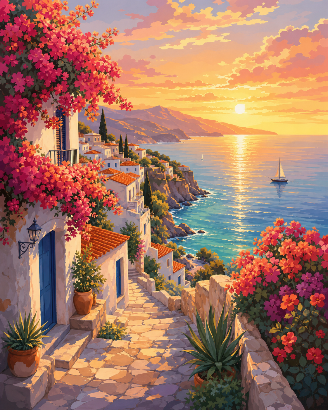 Costa mediterránea al atardecer - diseño maestro