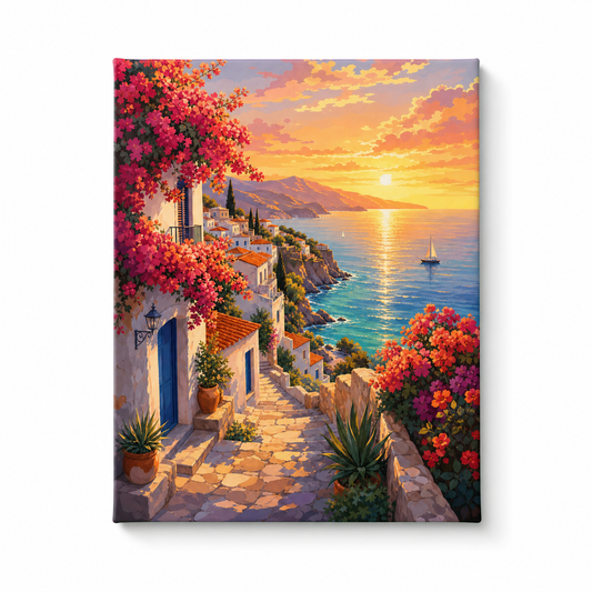 Costa mediterránea al atardecer - lienzo terminado