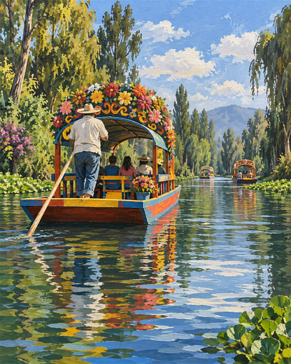 Trajineras de Xochimilco — diseño del lienzo para pintar por números