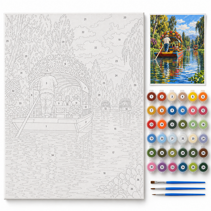 Trajineras de Xochimilco — kit con lienzo numerado, pinturas y pinceles