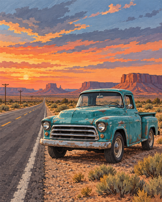 Pickup en la Ruta 66 — diseño del lienzo para pintar por números