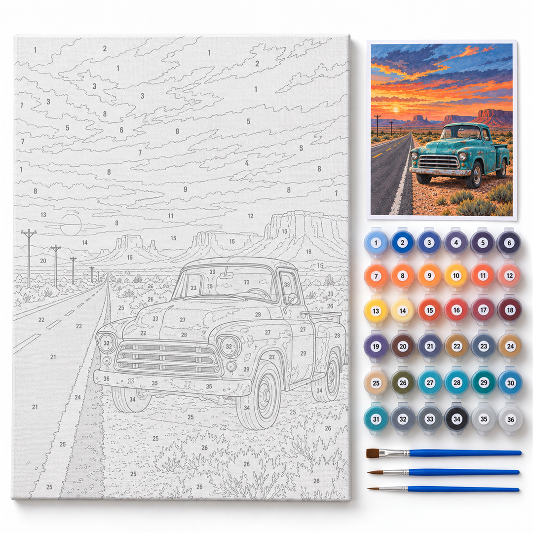 Pickup en la Ruta 66 — kit con lienzo numerado, pinturas y pinceles