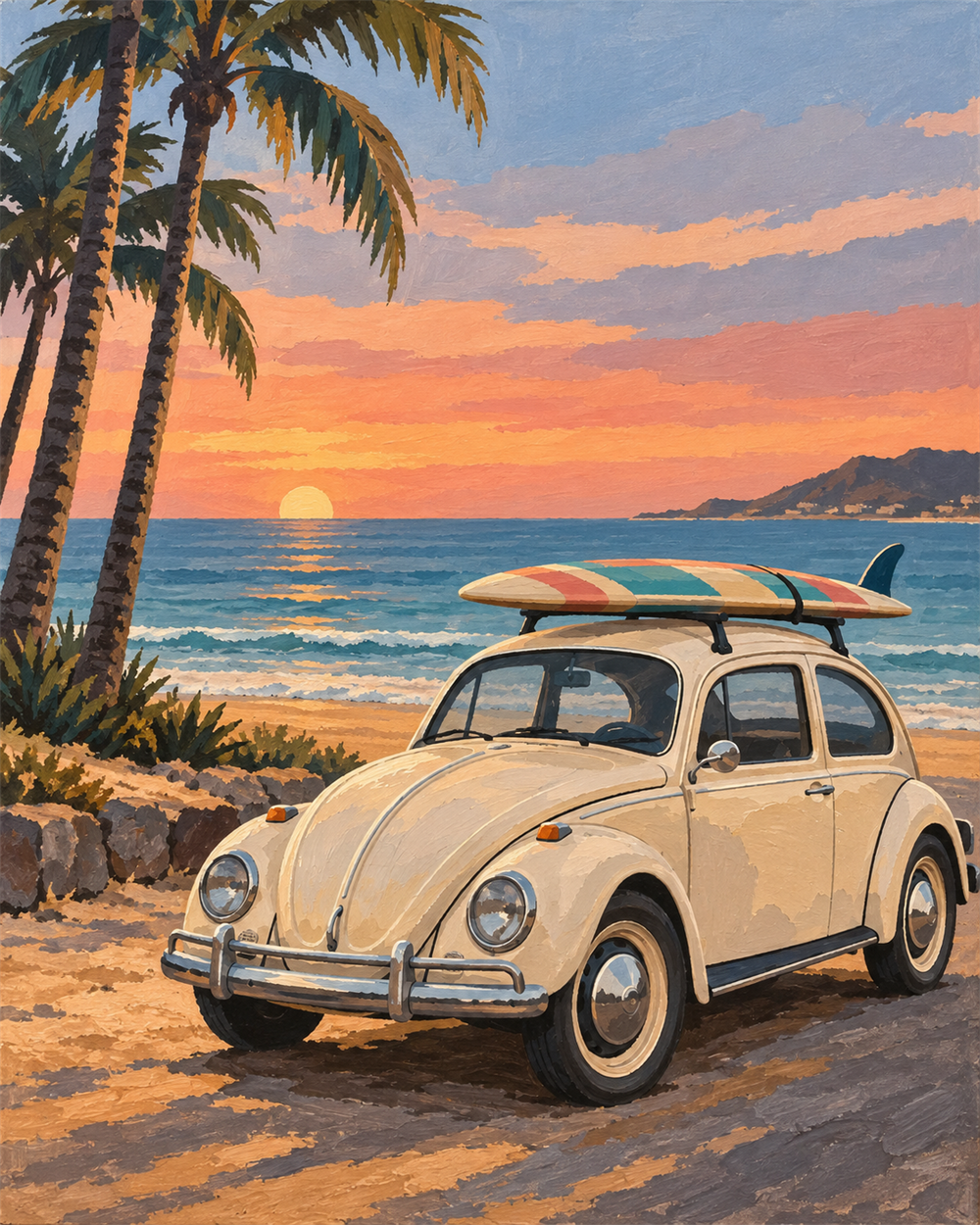 Vocho en la playa — diseño del lienzo para pintar por números