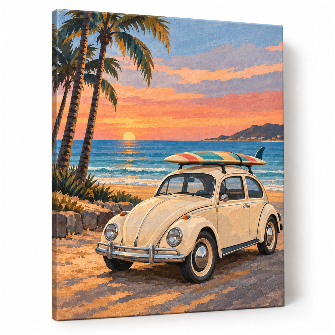 Vocho en la playa — lienzo terminado