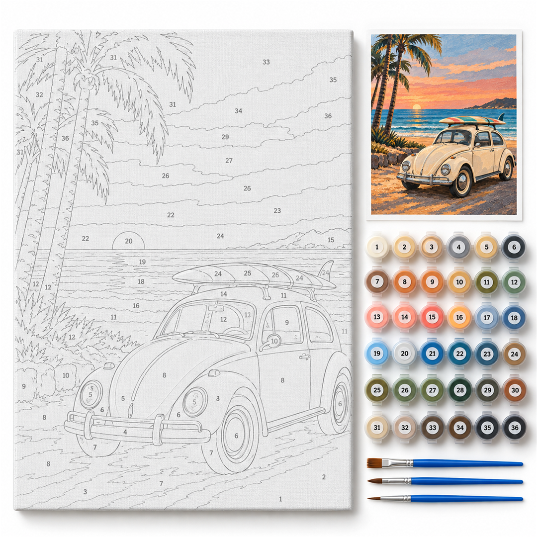 Vocho en la playa — kit con lienzo numerado, pinturas y pinceles