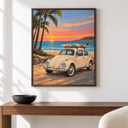 Vocho en la playa — el cuadro terminado colgado en la pared