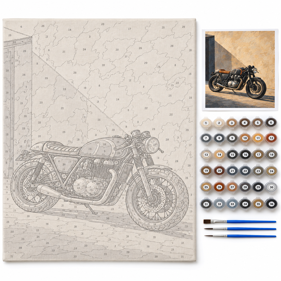 Café racer — kit con lienzo numerado, pinturas y pinceles