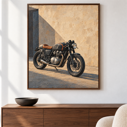 Café racer — el cuadro terminado colgado en la pared