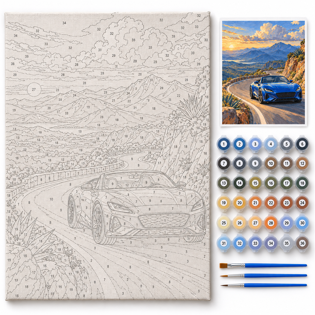 Curva de montaña — kit con lienzo numerado, pinturas y pinceles