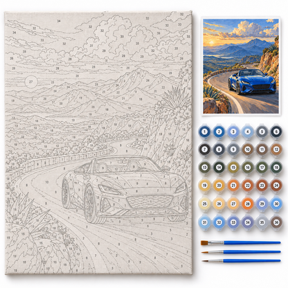 Curva de montaña — kit con lienzo numerado, pinturas y pinceles