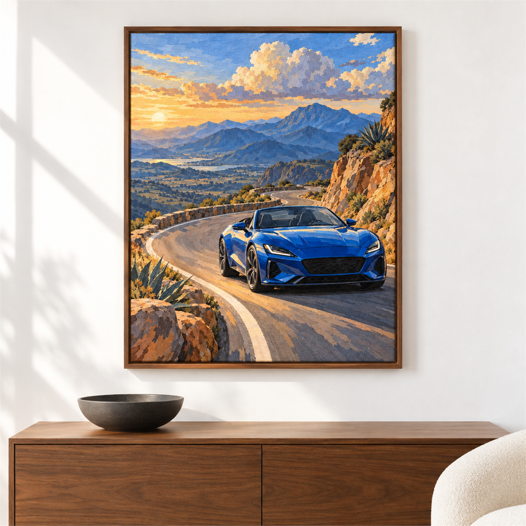 Curva de montaña — el cuadro terminado colgado en la pared