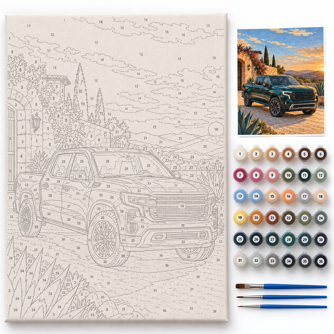 Camión de rancho — kit con lienzo numerado, pinturas y pinceles