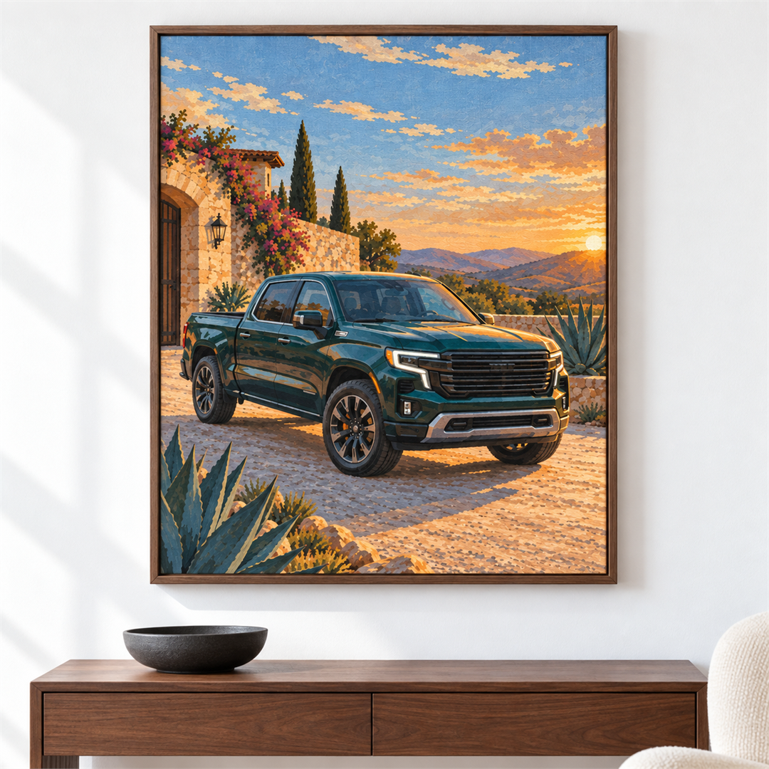 Camión de rancho — el cuadro terminado colgado en la pared