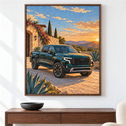 Camión de rancho — el cuadro terminado colgado en la pared