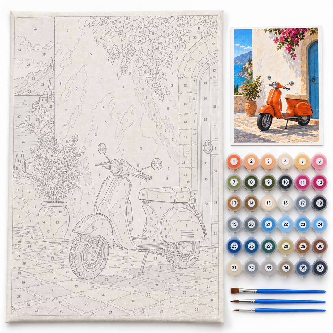 Vespa italiana — kit con lienzo numerado, pinturas y pinceles