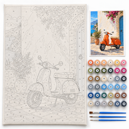 Vespa italiana — kit con lienzo numerado, pinturas y pinceles