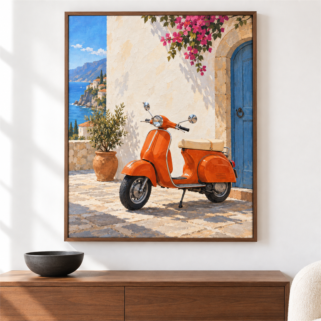Vespa italiana — el cuadro terminado colgado en la pared