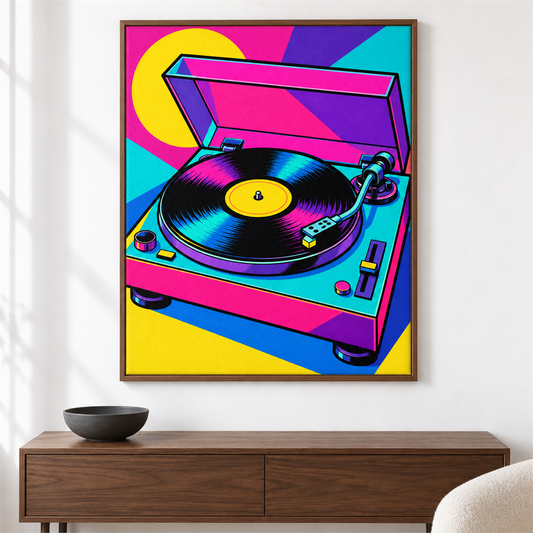 Tocadiscos pop art — el cuadro terminado colgado en la pared