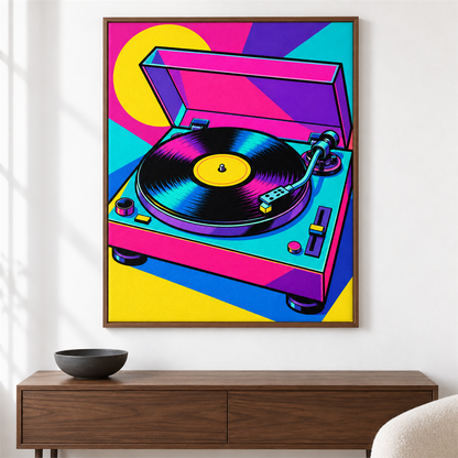 Tocadiscos pop art — el cuadro terminado colgado en la pared