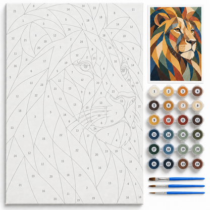 León geométrico — kit con lienzo numerado, pinturas y pinceles