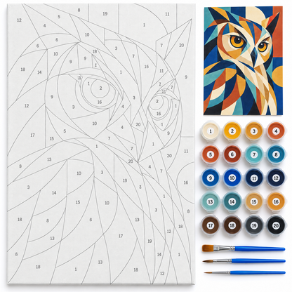 Búho geométrico — kit con lienzo numerado, pinturas y pinceles