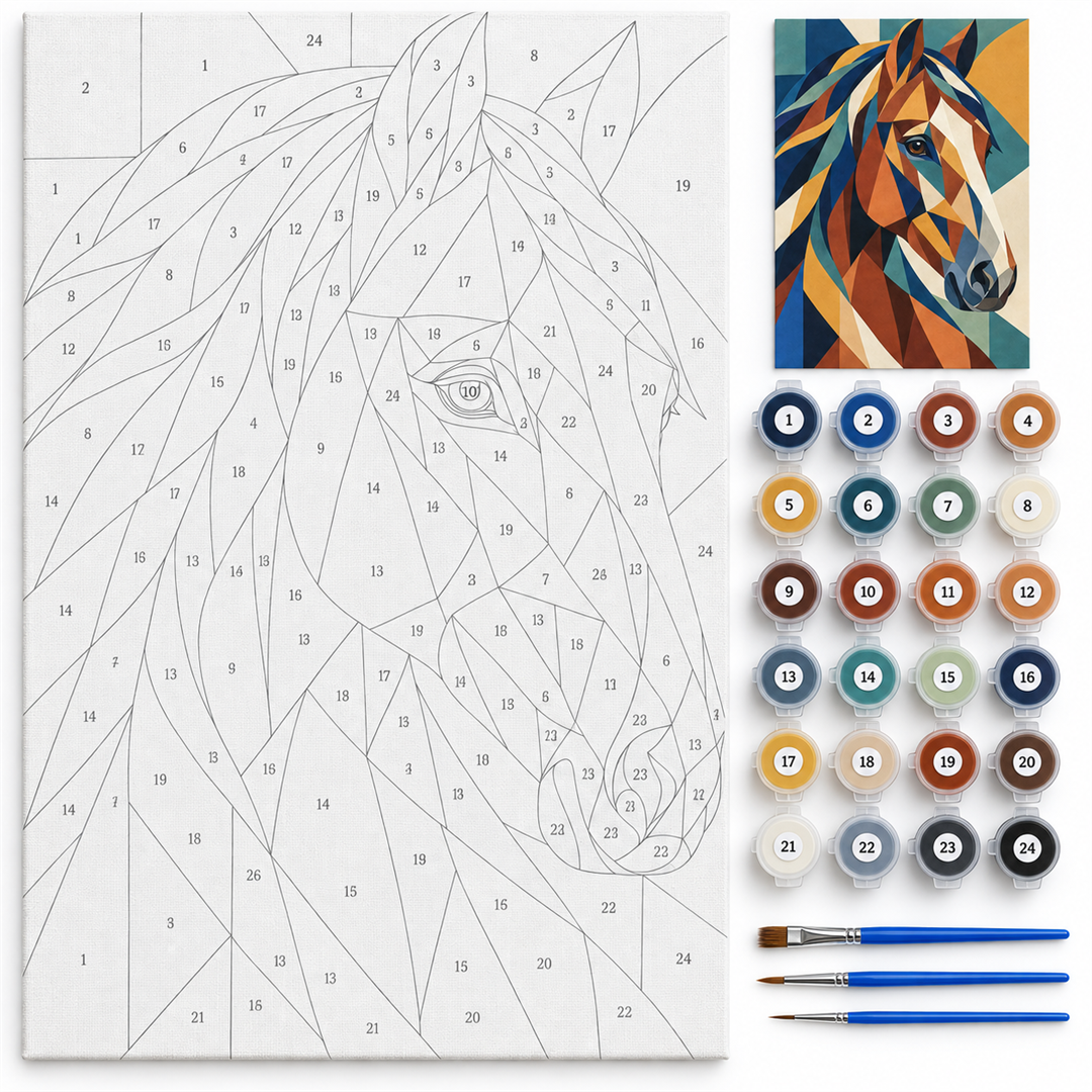 Caballo geométrico — kit con lienzo numerado, pinturas y pinceles