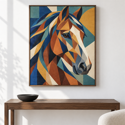 Caballo geométrico — el cuadro terminado colgado en la pared