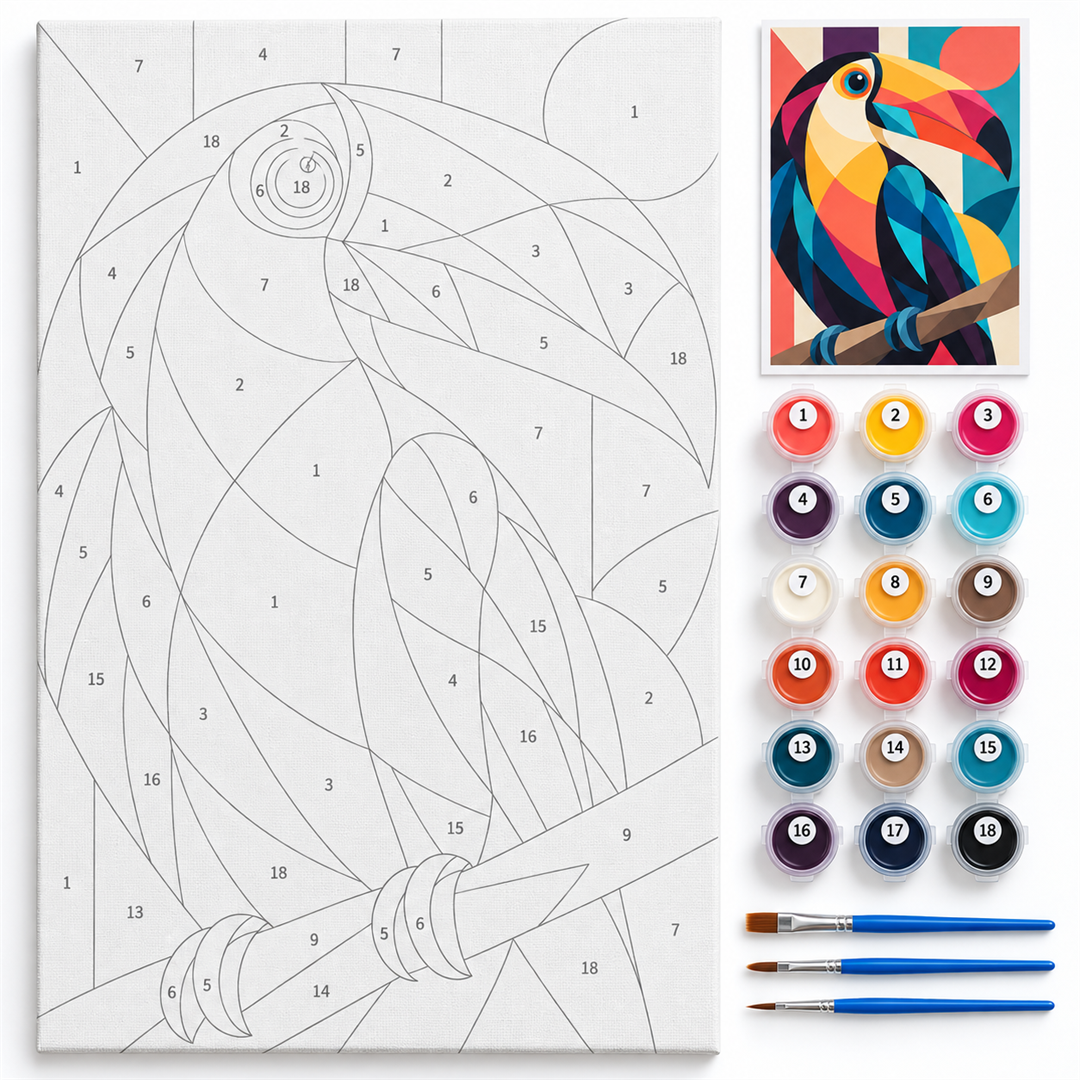 Tucán geométrico — kit con lienzo numerado, pinturas y pinceles