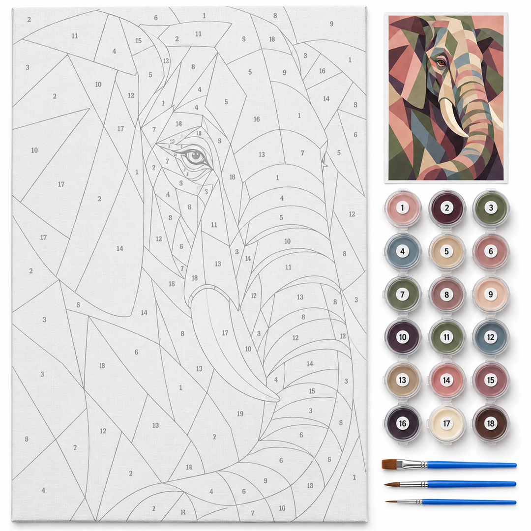 Elefante geométrico — kit con lienzo numerado, pinturas y pinceles