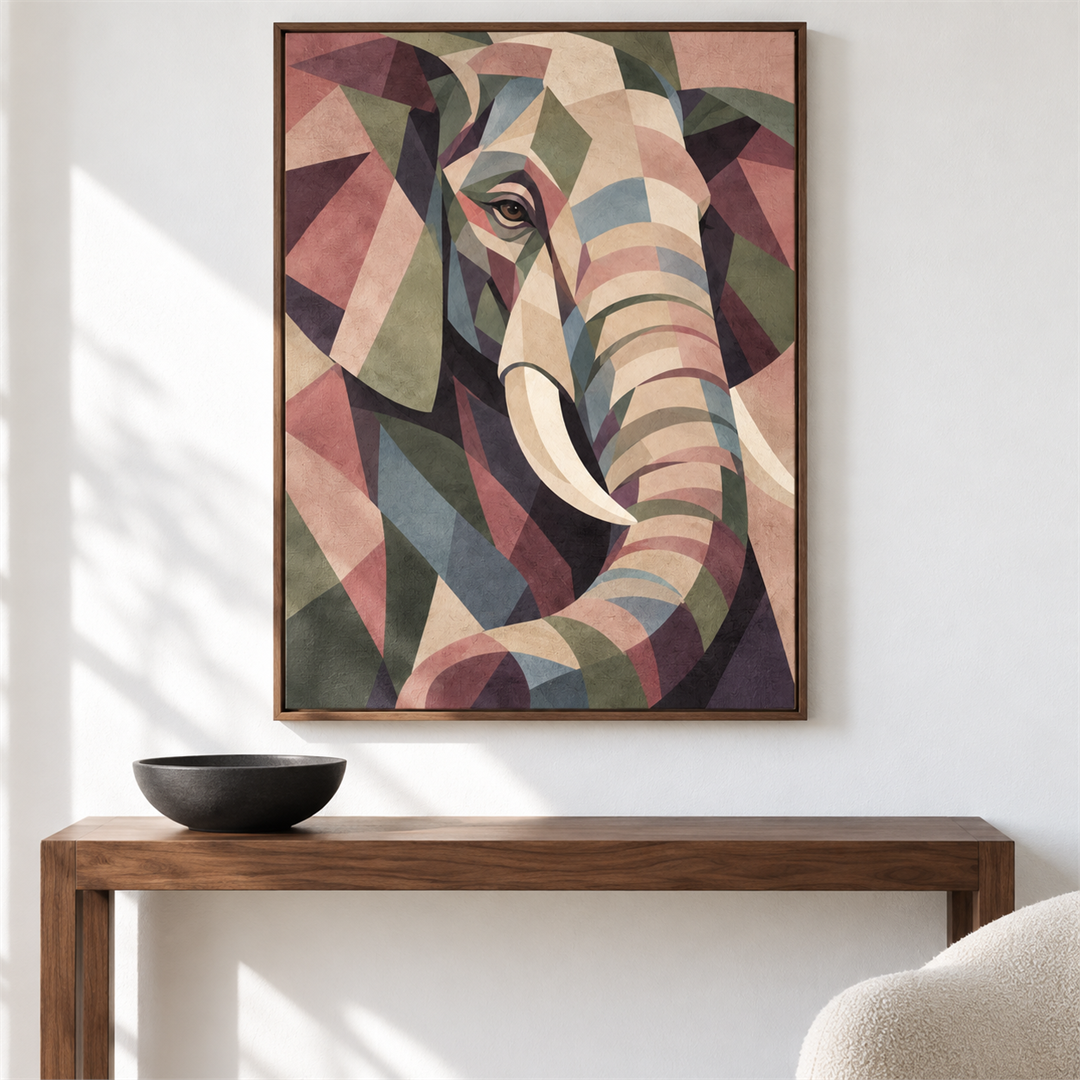 Elefante geométrico — el cuadro terminado colgado en la pared