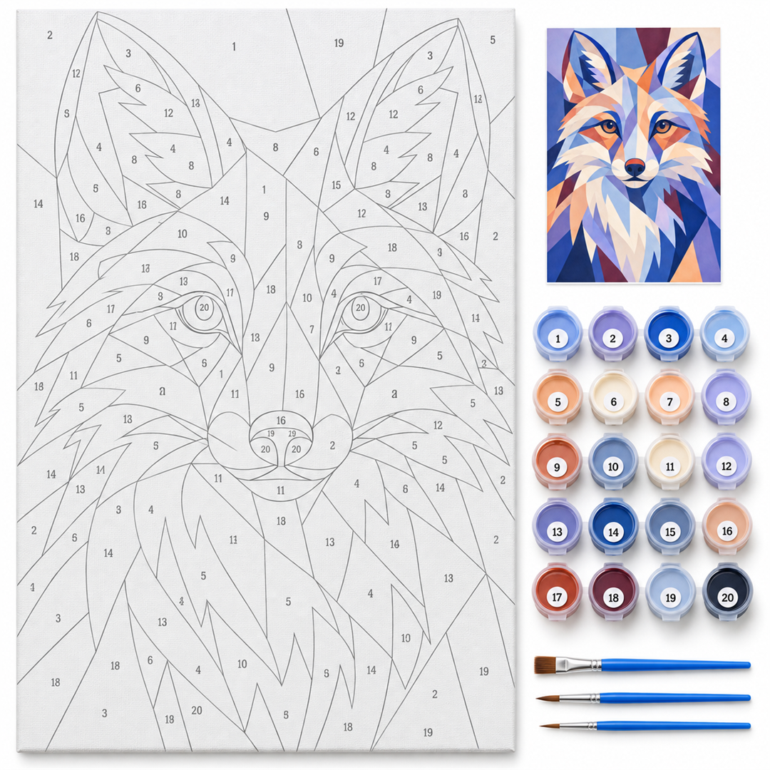 Zorro geométrico — kit con lienzo numerado, pinturas y pinceles