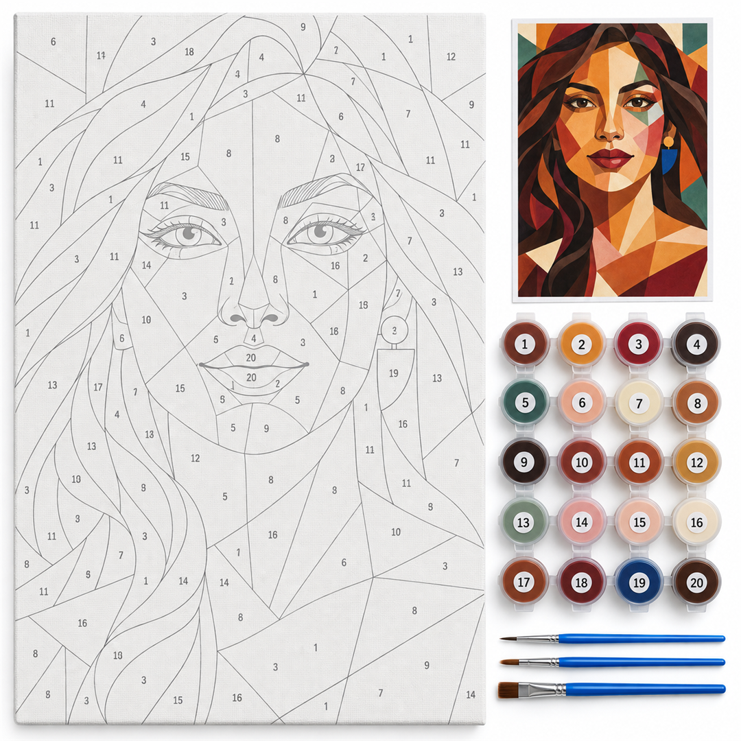 Retrato femenino geométrico — kit con lienzo numerado, pinturas y pinceles