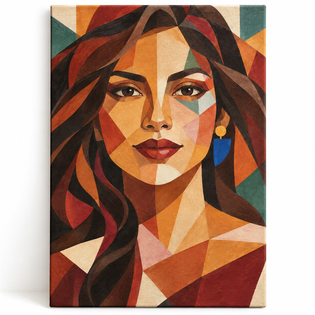 Retrato femenino geométrico — lienzo terminado