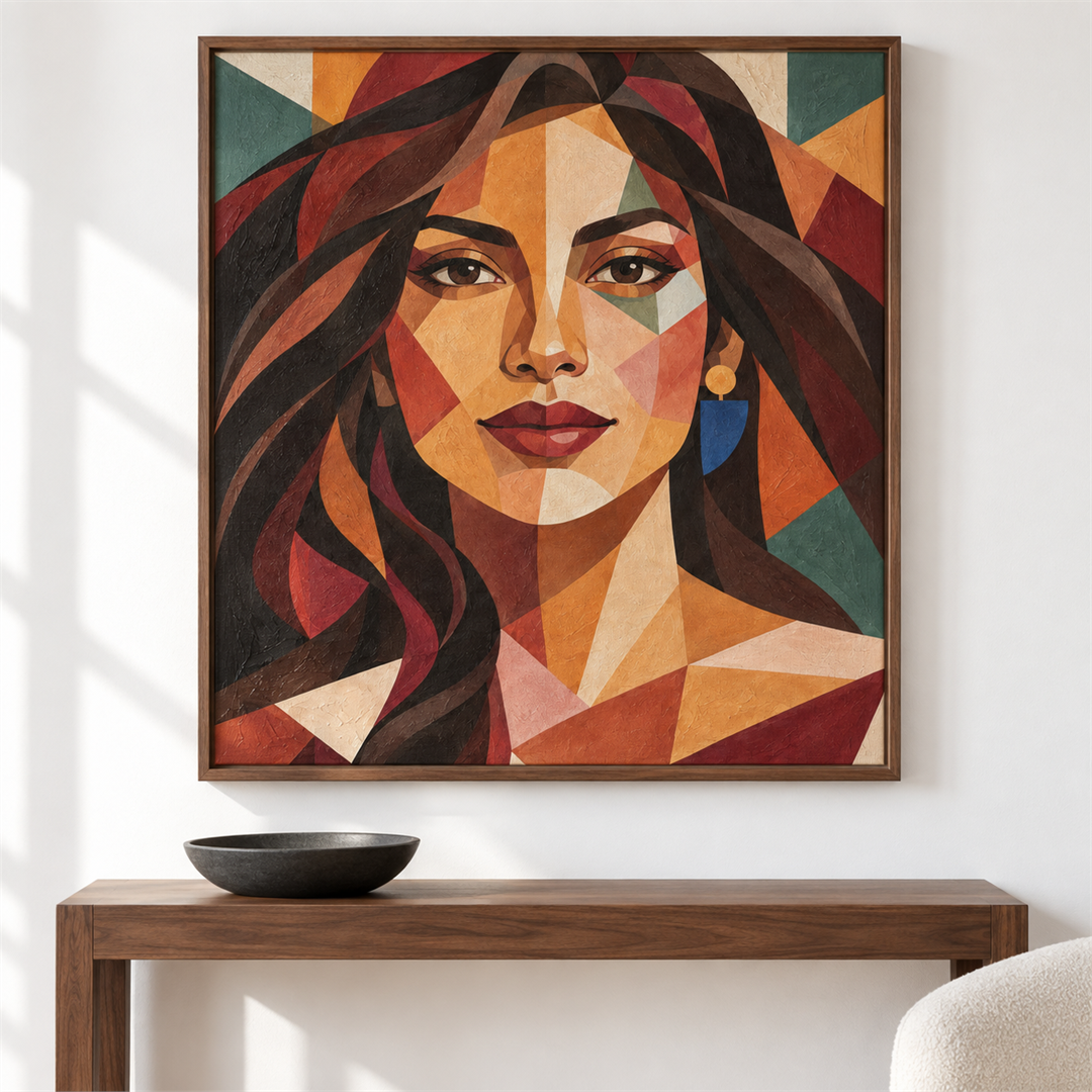 Retrato femenino geométrico — el cuadro terminado colgado en la pared
