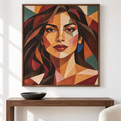 Retrato femenino geométrico — el cuadro terminado colgado en la pared
